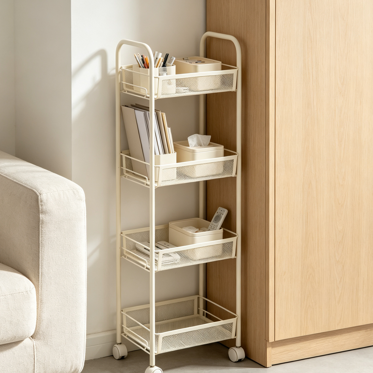 Iruneya Cream 4-Tier Slim Rolling Metal Storage Cart, Narrow Gap Mobile Shelving Unit with Wheels for Bathroom Kitchen Living Room