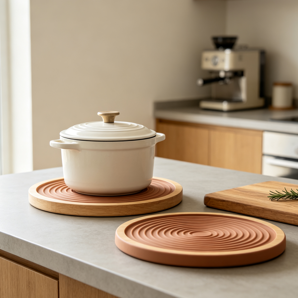 Wood & Silicone Trivet Set, Heat-Resistant Round Pot Holders for Hot Pots Pans, Kitchen Counter & Dining Table Protector