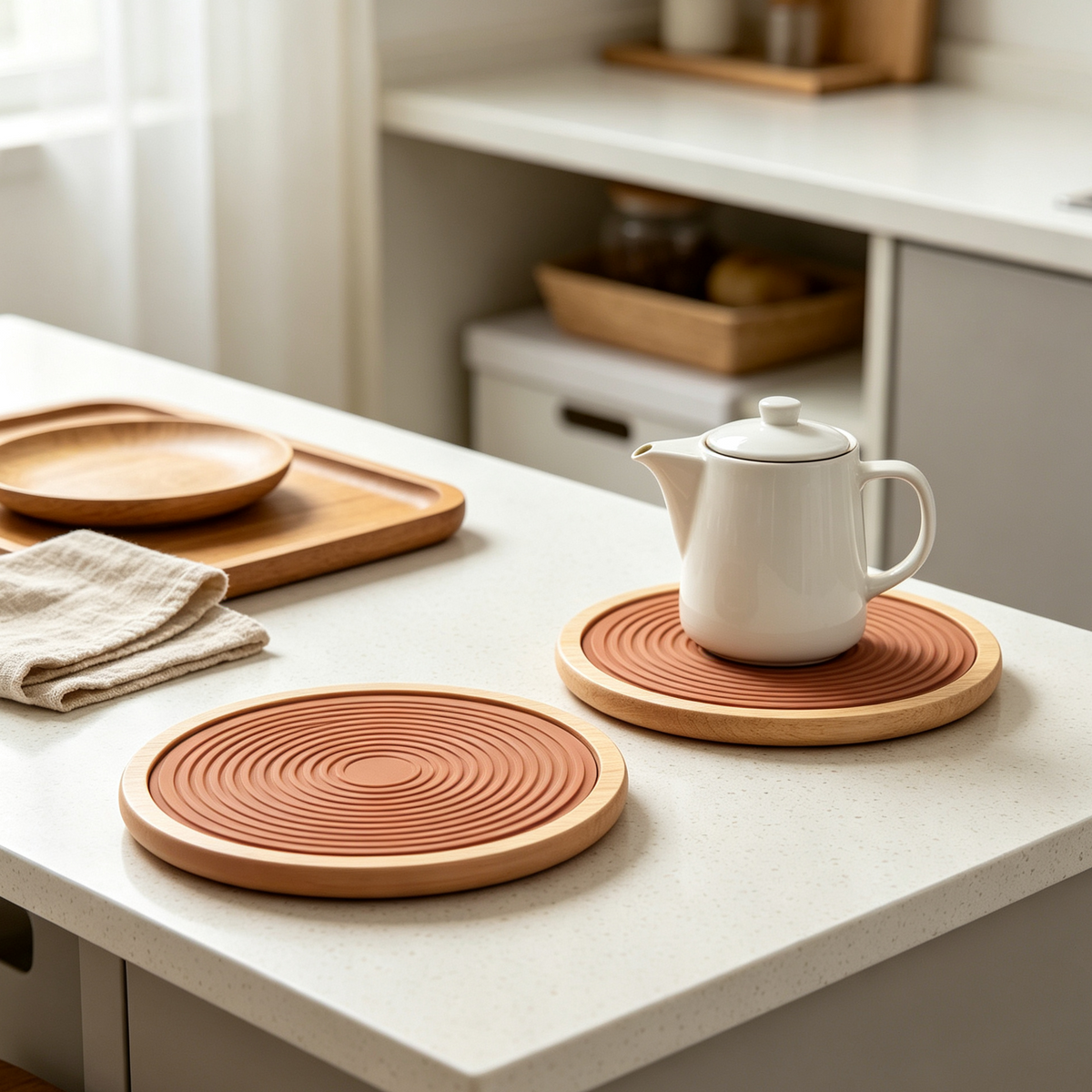 Wood & Silicone Trivet Set, Heat-Resistant Round Pot Holders for Hot Pots Pans, Kitchen Counter & Dining Table Protector