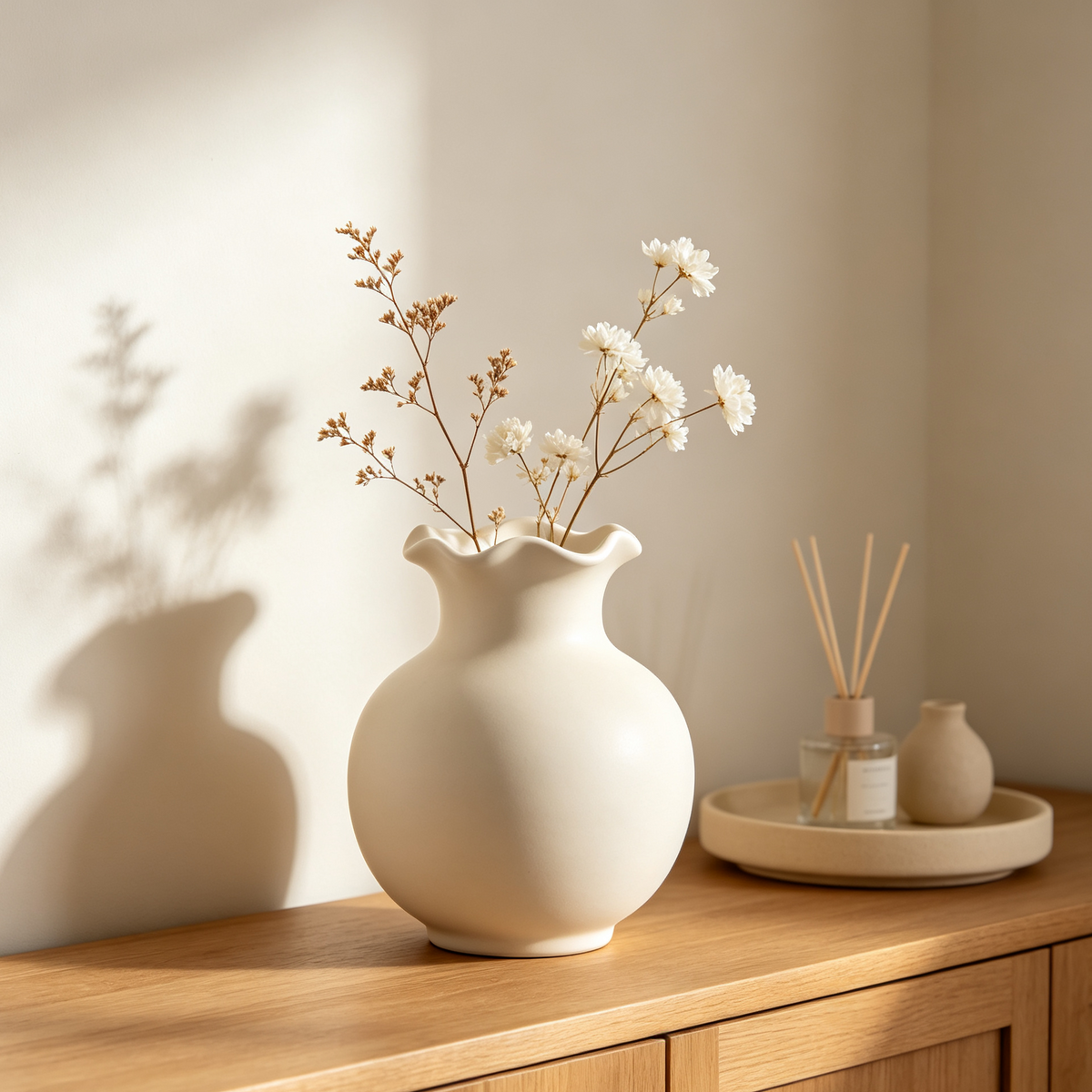 Iruneya Matte Cream Wave-Rim Ceramic Flower Vase, Curvy Mouth Minimalist Vase for Dried Flowers, Living Room Shelf Tabletop Home Decor