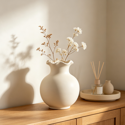 Iruneya Matte Cream Wave-Rim Ceramic Flower Vase, Curvy Mouth Minimalist Vase for Dried Flowers, Living Room Shelf Tabletop Home Decor