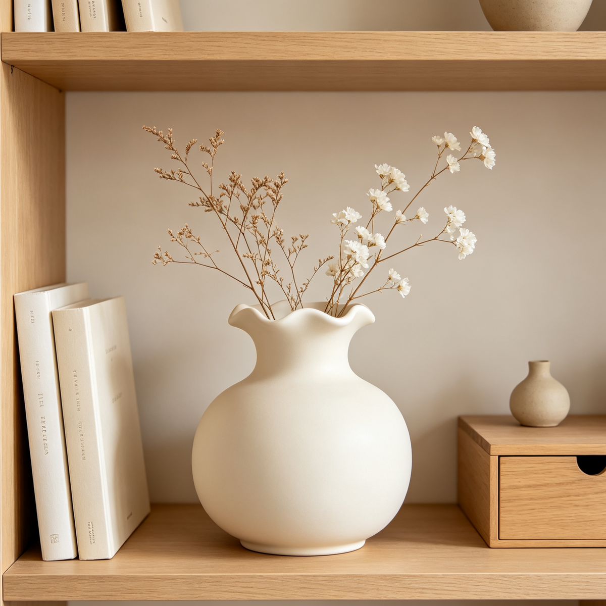 Iruneya Matte Cream Wave-Rim Ceramic Flower Vase, Curvy Mouth Minimalist Vase for Dried Flowers, Living Room Shelf Tabletop Home Decor