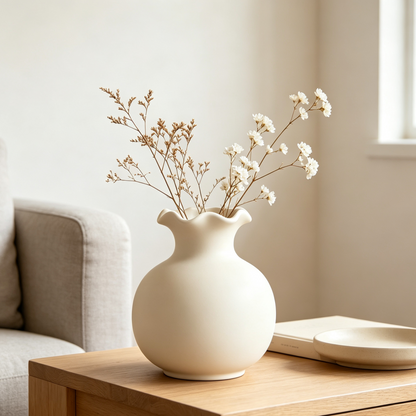 Iruneya Matte Cream Wave-Rim Ceramic Flower Vase, Curvy Mouth Minimalist Vase for Dried Flowers, Living Room Shelf Tabletop Home Decor