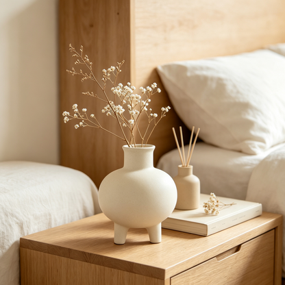 Iruneya Cream White Three-Legged Ceramic Vase, Minimalist Bulbous Vase with Dried Florals for Shelf Living Room Home Decor