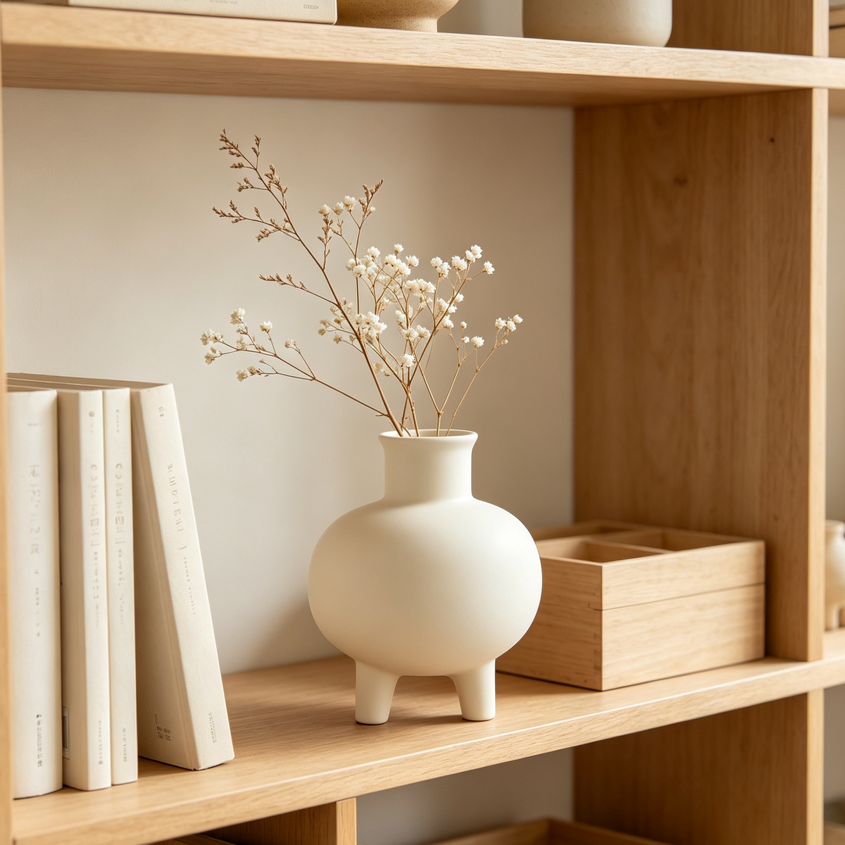 Iruneya Cream White Three-Legged Ceramic Vase, Minimalist Bulbous Vase with Dried Florals for Shelf Living Room Home Decor