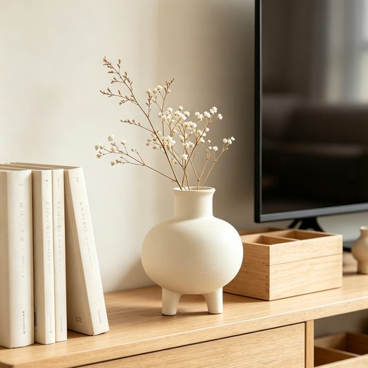 Iruneya Cream White Three-Legged Ceramic Vase, Minimalist Bulbous Vase with Dried Florals for Shelf Living Room Home Decor