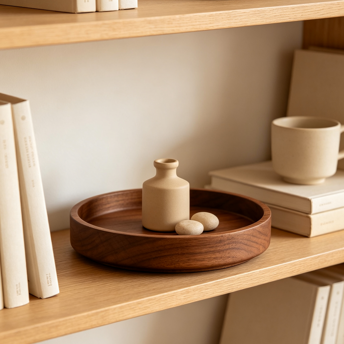 Iruneya Walnut Round Wooden Decor Tray, Low-Border Catchall Tray for Tabletop Entryway Coffee Table Home Ornament