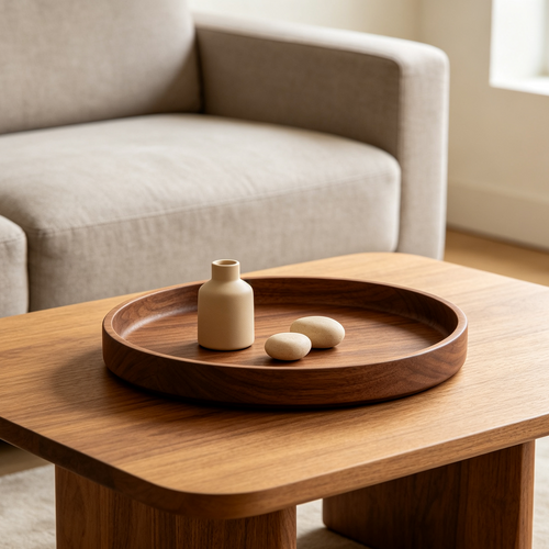 Iruneya Walnut Round Wooden Decor Tray, Low-Border Catchall Tray for Tabletop Entryway Coffee Table Home Ornament