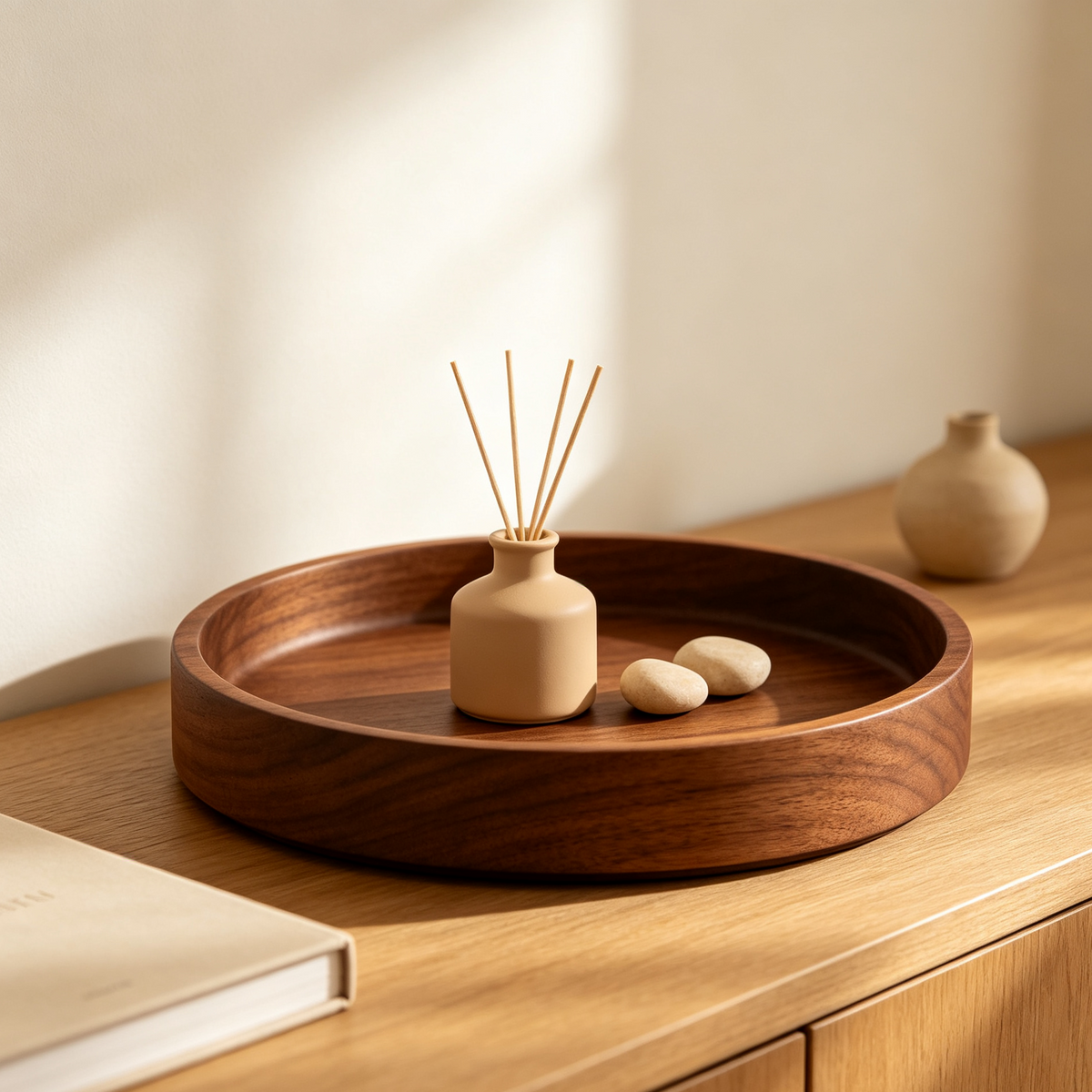 Iruneya Walnut Round Wooden Decor Tray, Low-Border Catchall Tray for Tabletop Entryway Coffee Table Home Ornament