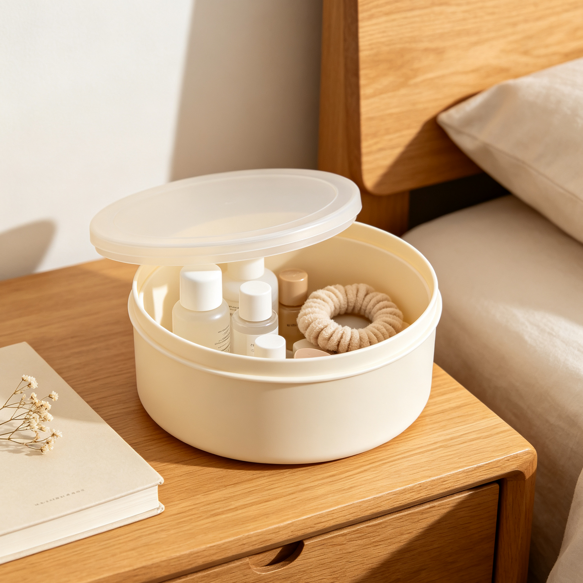 Iruneya Cream White Stackable Round Storage Box with Frosted Lid, Multi-Purpose Desktop Organizer for Cosmetics Jewelry Entryway Bedroom