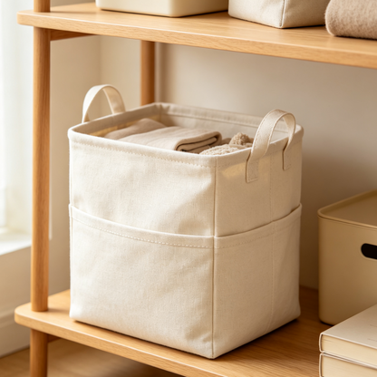 Iruneya Off-White Cotton Linen Divided Storage Bin, Foldable Fabric Organizer Basket with Handles for Closet Bedroom Home Storage