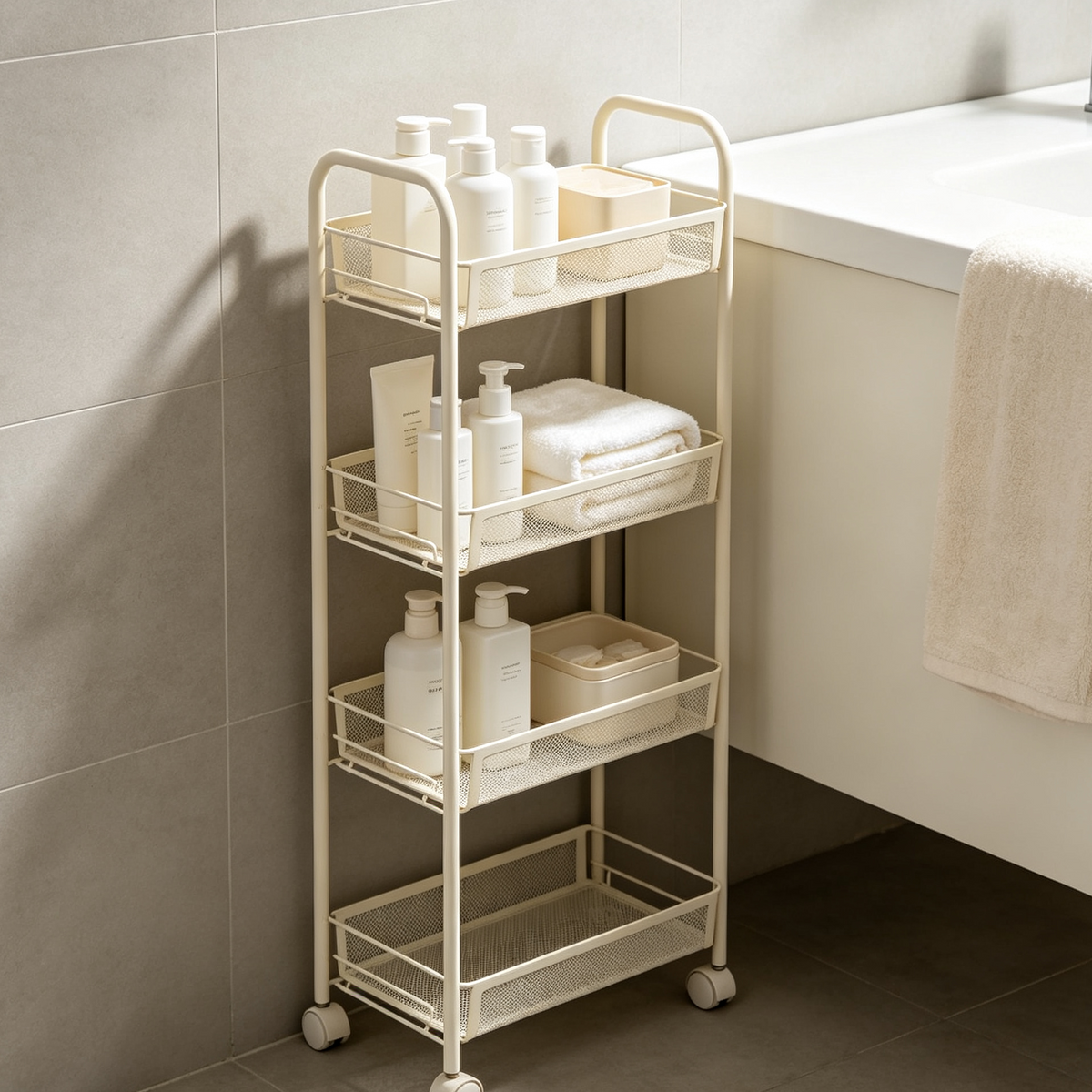 Iruneya Cream 4-Tier Slim Rolling Metal Storage Cart, Narrow Gap Mobile Shelving Unit with Wheels for Bathroom Kitchen Living Room