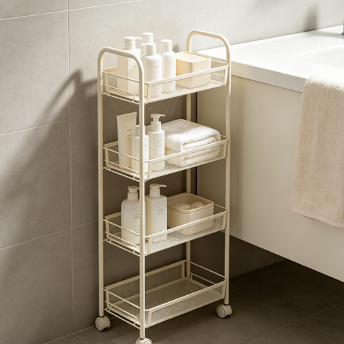 Iruneya Cream 4-Tier Slim Rolling Metal Storage Cart, Narrow Gap Mobile Shelving Unit with Wheels for Bathroom Kitchen Living Room