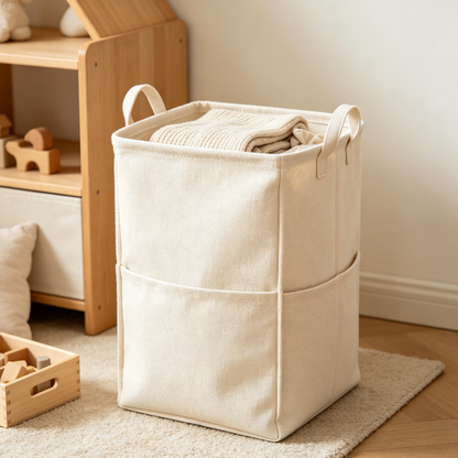 Iruneya Off-White Cotton Linen Divided Storage Bin, Foldable Fabric Organizer Basket with Handles for Closet Bedroom Home Storage
