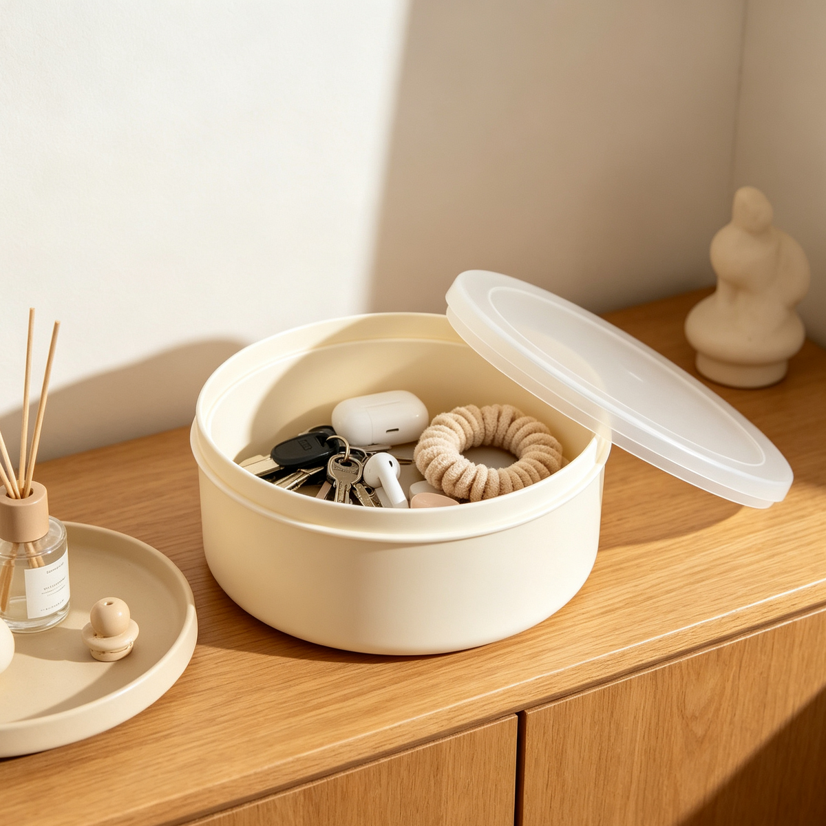 Iruneya Cream White Stackable Round Storage Box with Frosted Lid, Multi-Purpose Desktop Organizer for Cosmetics Jewelry Entryway Bedroom