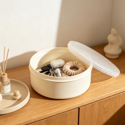 Iruneya Cream White Stackable Round Storage Box with Frosted Lid, Multi-Purpose Desktop Organizer for Cosmetics Jewelry Entryway Bedroom