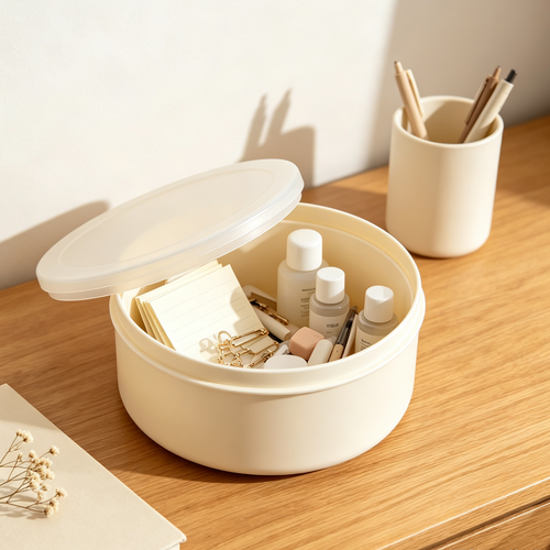 Iruneya Cream White Stackable Round Storage Box with Frosted Lid, Multi-Purpose Desktop Organizer for Cosmetics Jewelry Entryway Bedroom