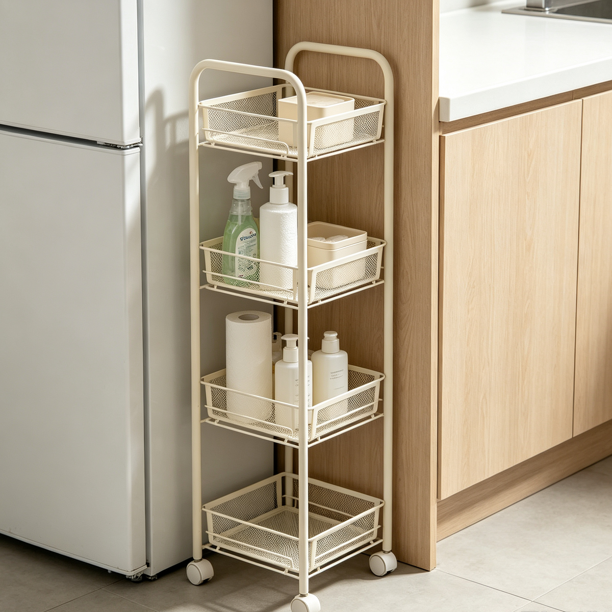 Iruneya Cream 4-Tier Slim Rolling Metal Storage Cart, Narrow Gap Mobile Shelving Unit with Wheels for Bathroom Kitchen Living Room