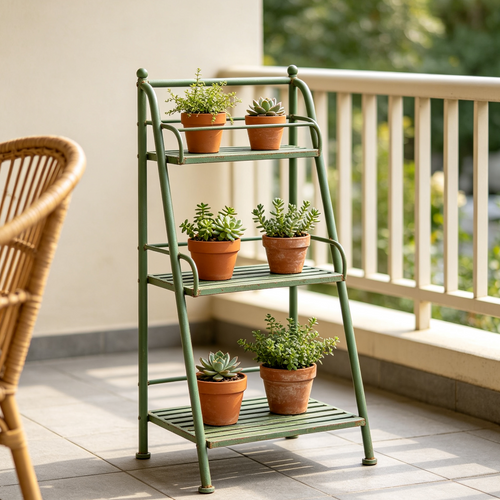 Iruneya Vintage-Green 3-Tier Metal Plant Stand, Multi-Tier Ladder Flower Pot Shelf for Balcony Patio Garden Outdoor Display
