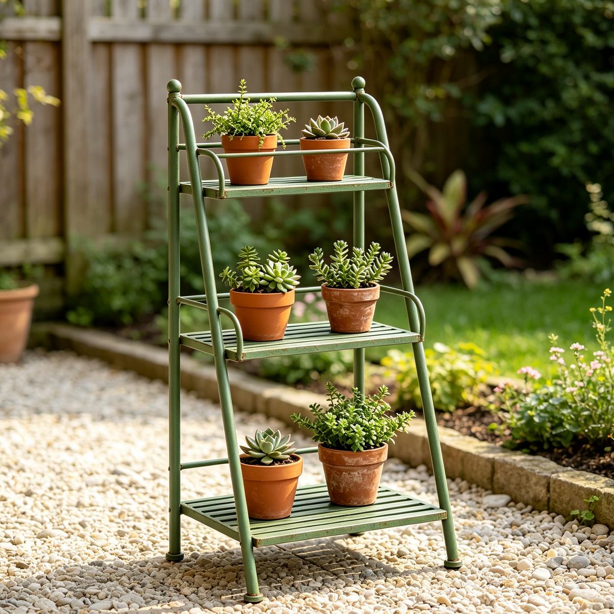 Iruneya Vintage-Green 3-Tier Metal Plant Stand, Multi-Tier Ladder Flower Pot Shelf for Balcony Patio Garden Outdoor Display