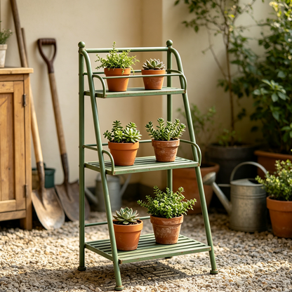 Iruneya Vintage-Green 3-Tier Metal Plant Stand, Multi-Tier Ladder Flower Pot Shelf for Balcony Patio Garden Outdoor Display