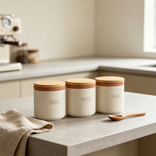 Matte Cream Ceramic Spice Jars Set with Wooden Lids, Airtight Seasoning Storage Canisters for Kitchen Countertop
