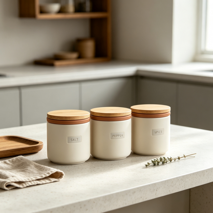 Matte Cream Ceramic Spice Jars Set with Wooden Lids, Airtight Seasoning Storage Canisters for Kitchen Countertop