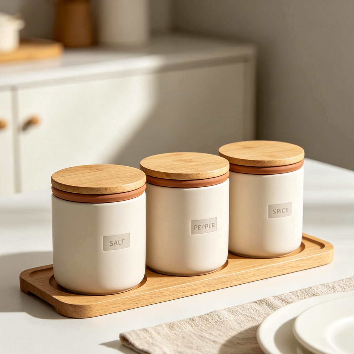 Matte Cream Ceramic Spice Jars Set with Wooden Lids, Airtight Seasoning Storage Canisters for Kitchen Countertop